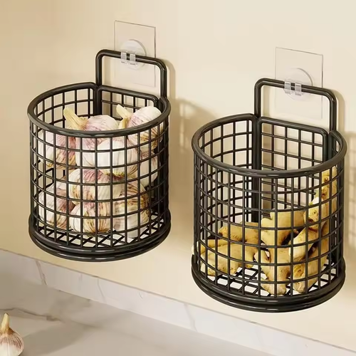 Wall Mounted Storage Basket No Punching Space Saving Garlic Ginger Hanging Basket Iron Large Capacity Kitchen Shelf