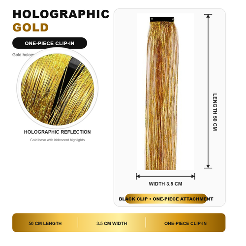 ✨ Holographic Gold Sliver Clip-In Hair Tinsel Extension – One-Piece Sparkling Hair Extension for Party, Birthday & Special Occasions ✨