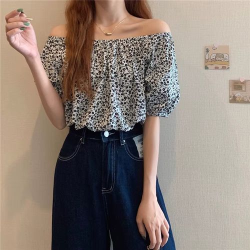Floral Print One-Shoulder Short-Sleeve Women's Shirt Sexy Clavicle Exposure Design Sensual Summer New Style Bangkok Style