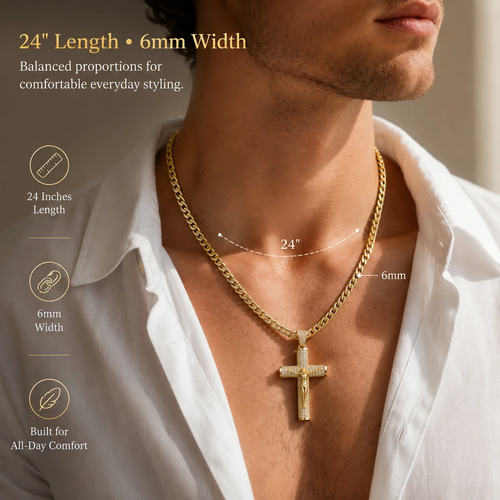 Gold-Plated Cuban Figaro Cross Necklace—24-Inch Miami-Style Cross, Hand-Polished