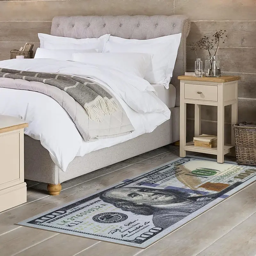 Cotton Flat Weave Home Decorative Rug - $100 Bill Print, Anti-Shrink, Washable, Non-Slip Rubberback Floor Runner, Modern Multicolor, for Bedroom, Hallway