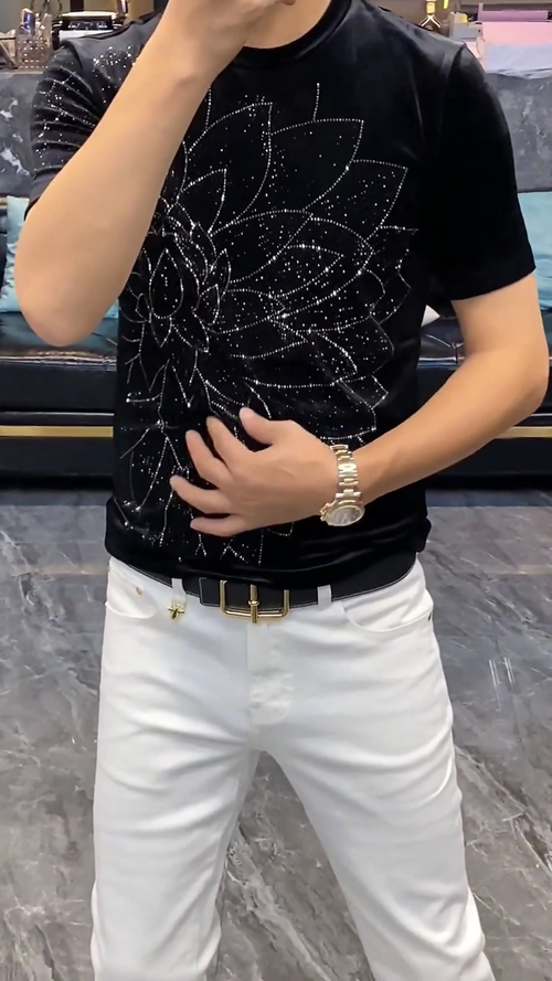 Men's Breathable T-Shirt with Rhinestone Lotus Design