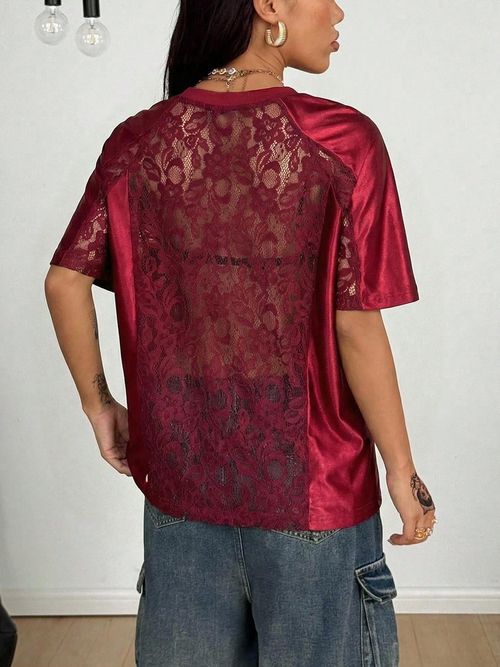 Siren Chic Women Perspective Lace Spliced T-Shirt 2026 New Printed Loose Short Sleeve
