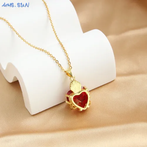 Gold Plated Sacred Heart of Jesus Cross Necklace Red Zircon Religious Catholic Pendant Necklaces For Women Girls Jewelry