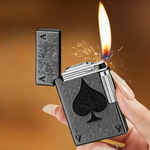 Metal Side Sliding Granding Wheel Inflation Soft Flame Impact Butane Lighter Ping Sound Lucky Poker Cigarette Lighter Smoking (NO GAS)