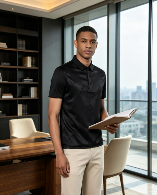 Sophisticated Black Subtle Floral Jacquard Polo Shirt