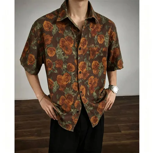 Men's Summer Ice Silk Printed Shirt, Lightweight Breathable Drape Short Sleeve, Vintage