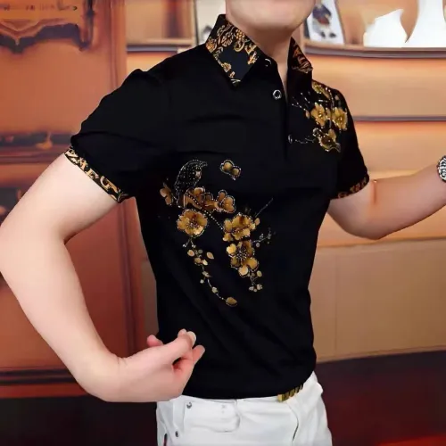 Luxury Flower Embroidered Rhinestone Lapel T-shirt Men Summer Short Sleeve Casual Business POLO Shirts Social Banquet Tshirts