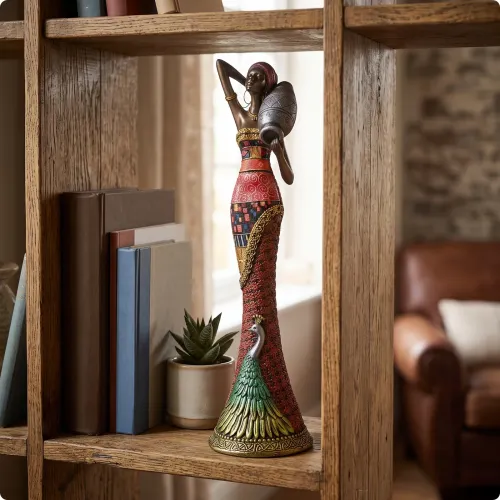 African Woman Statue Tabletop African Woman Figurine Figurine with Peacock Motif Artisanal Female Statue Artistic