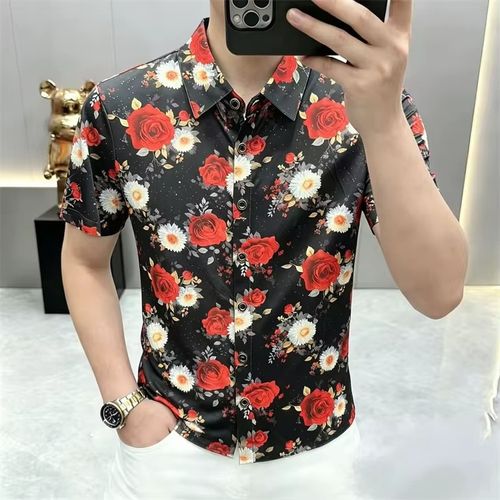 Colorful 3D Floral Print Shirts For Men Short Sleeve Anti-Wrinkle Summer Quality Silky Comfortable Slim Trendy Camisas De Hombre
