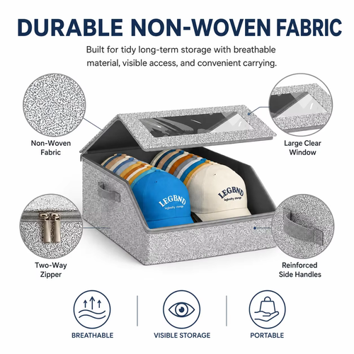 2pcs Stackable Baseball Cap Organizer Boxes-Large Capacity,Foldable Fabric Storage Boxe with Clear Lid&Metal Handles for Clothes,Hats