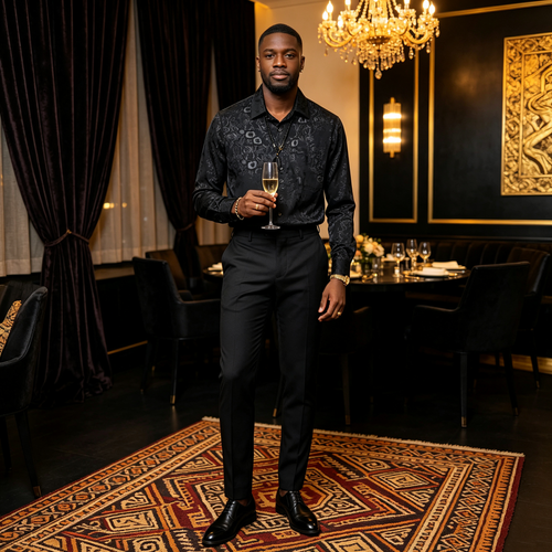 Men's Black Cuban-Collar Printed Shirt