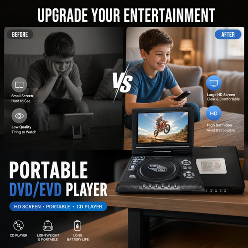 Finally, a screen thats big enough, a battery that lasts for hours, and it plays everything: DVD, USB, SD. For the back seat, the tent, or just on the couch at home—no more fighting over the tablet.