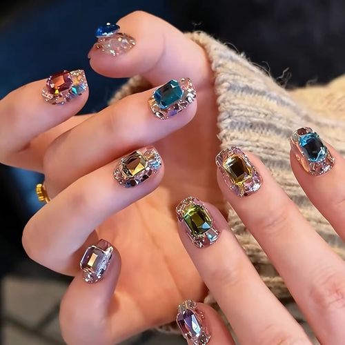 Luxury Multicolor Gemstone Press-On Nails – Short Square Crystal Rhinestone False Nails for Glamorous Parties, Dates & Special Occasions