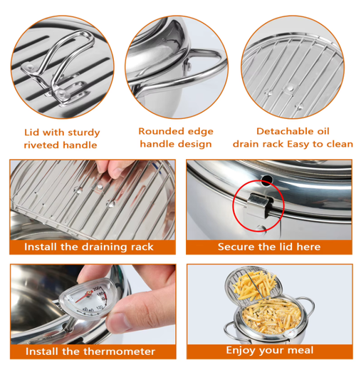 2.2L Deep Fryer Pot with Strainer Basket and Thermometer Stainless Steel Frying Pan for Frying