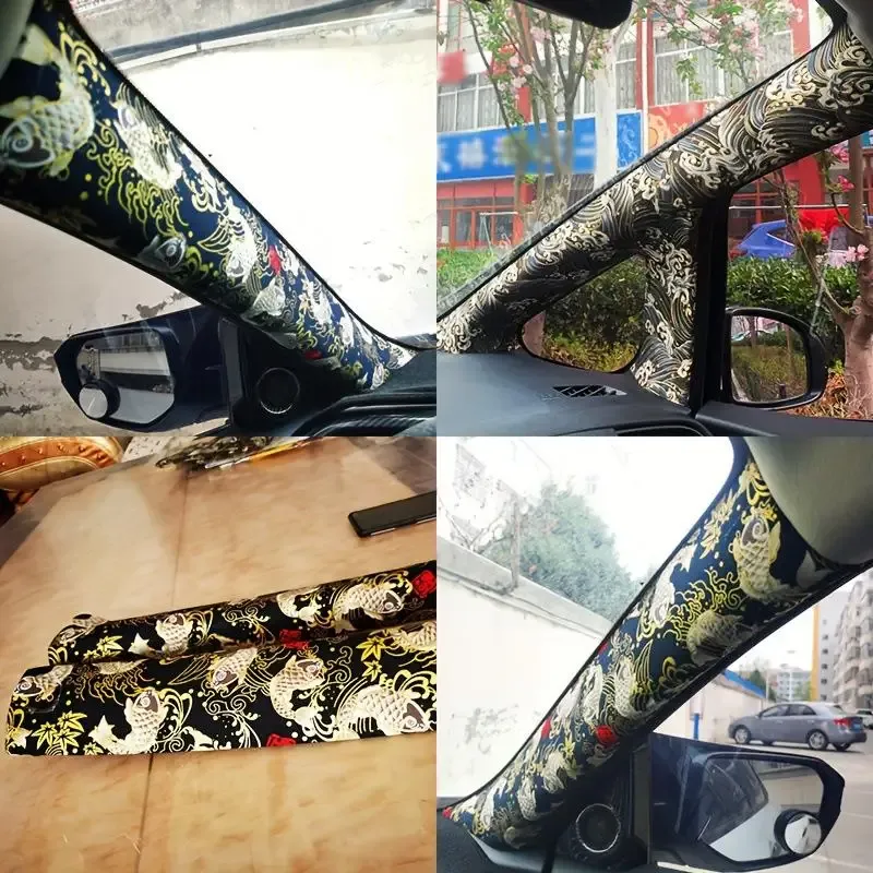1Pcs High Grade Wear-Resistant Car Dashboard Door Panel Ceiling Decor Fabric Self-Adhesive Black Koi Fish Car Interior Sticker