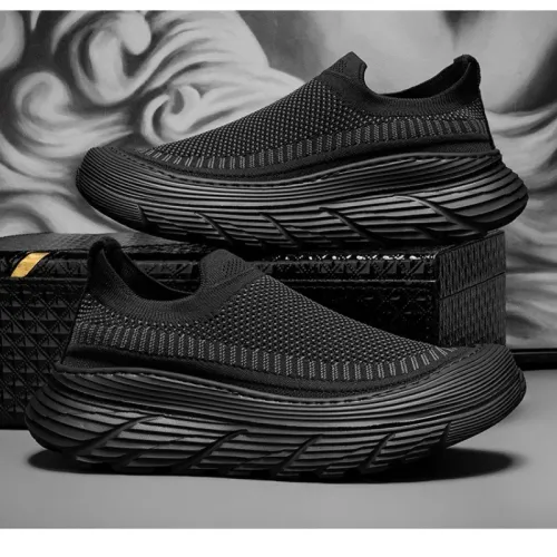 BLACK Ultra-Soft, Thick-Soled, Breathable Mesh & Flyknit Athletic Casual Shoes