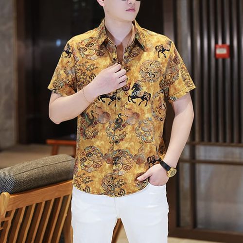 Casual Short-Sleeve Collared Shirt with Retro Print