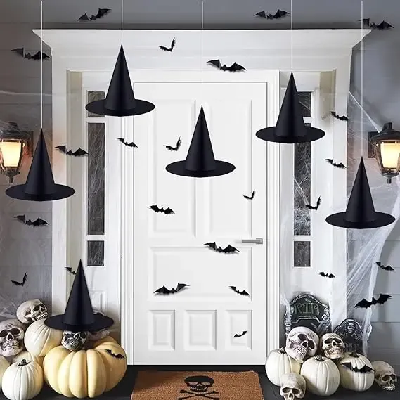 6 PCS Halloween Black Witch Hats Decoration Hanging Witch Wizard Hats Bulk with 3D Bats Wall Stickers for Halloween Party Costume Accessory Indoor Outdoor Yard Porch Decor Magical Ornaments