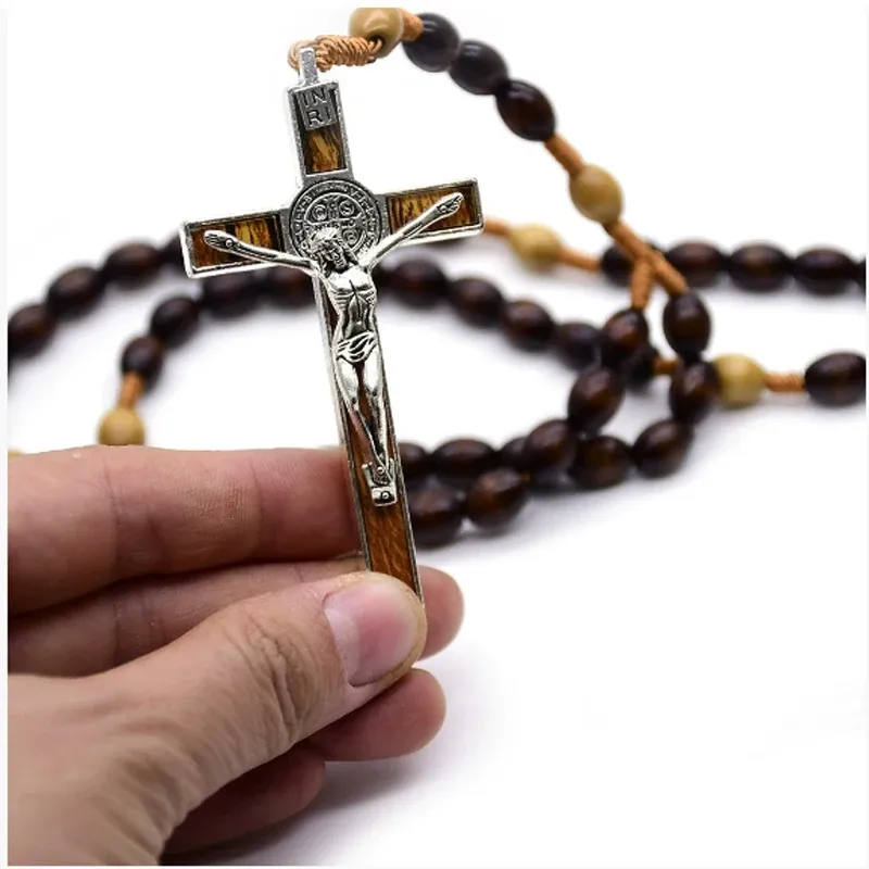 2026 New Christ Jesus Wooden Bead Cross Car Pendant Woven Rope Chain Necklace Religious Orthodox Praying