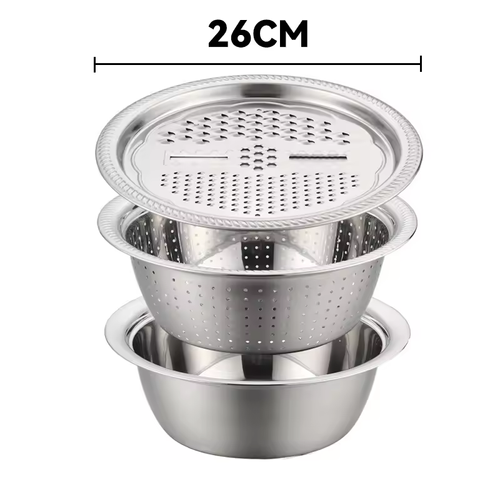 All In 1 Multi-Functional Kitchen Draining Basket Set 3pcs Stainless Steel Filter Pot Vegetable Chopper Fruit Slicer Cutter
