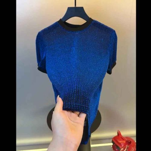 Blue mesh crew-neck T-shirt
