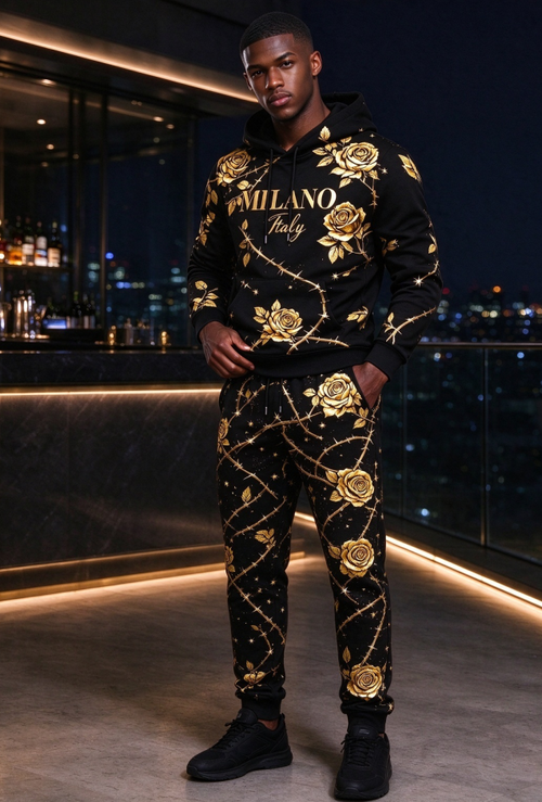 Men's Golden Rose Thorn Print Hoodie Tracksuit 2 Piece Set, Luxury Black Gold Hooded Sweatshirt And Jogger Pants Outfit