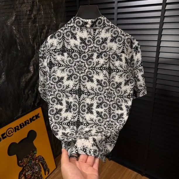 Men's Black and White Floral Print Camp-Collar Shirt
