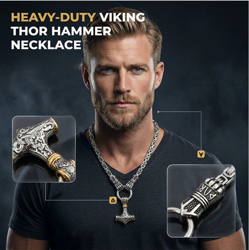 Viking Thor Hammer Pendant Necklace Stainless Steel Byzantine Chain