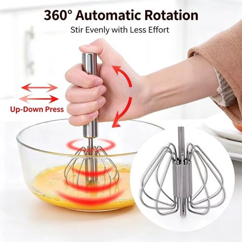 2PCS Stainless Steel Semi-Automatic Egg Beater, Hand Press Rotary Whisk, Manual Cream Mixer for Baking Kitchen Tool