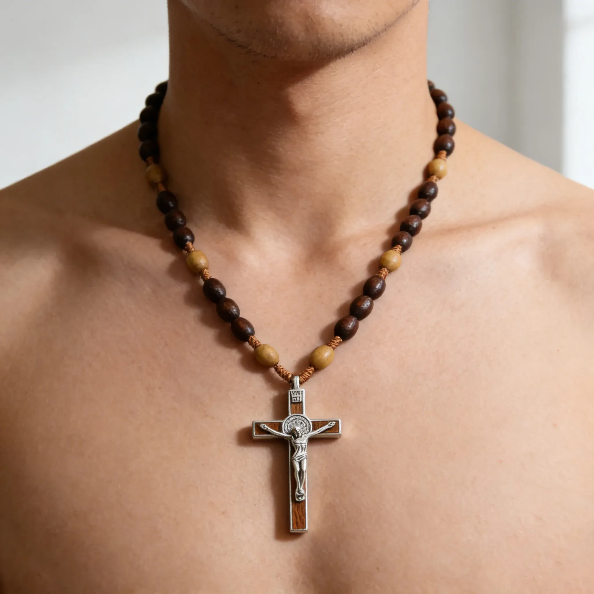 2026 New Christ Jesus Wooden Bead Cross Car Pendant Woven Rope Chain Necklace Religious Orthodox Praying