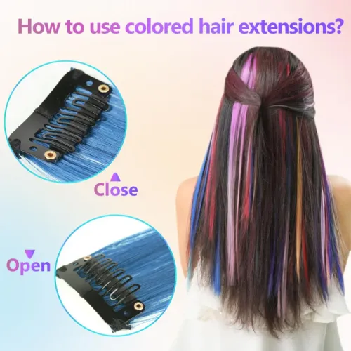 Clip-in Hair Extensions — Multi-Color Highlighted Synthetic Hair — 22-Inch Rainbow Hairpieces — Suitable for Girls, Women, and Children
