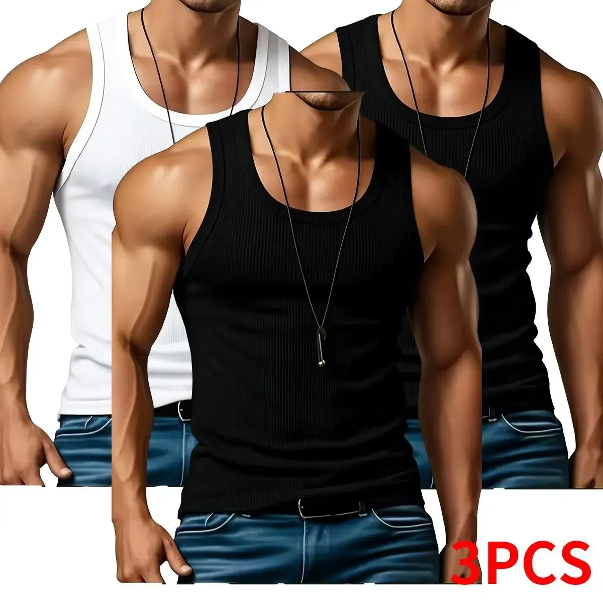 Men's 3PCS Ribbed Knit Tank Tops - Polyester Fabric, Lightweight Sleeveless Plain Menswear Casual Vests for Gym, Daily Wear, Outdoor Fitness,summerwins
