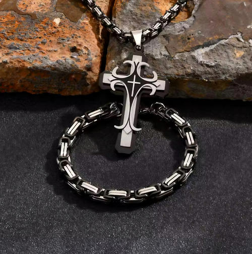 Men's Cross Pendant Necklace and Bracelet Set