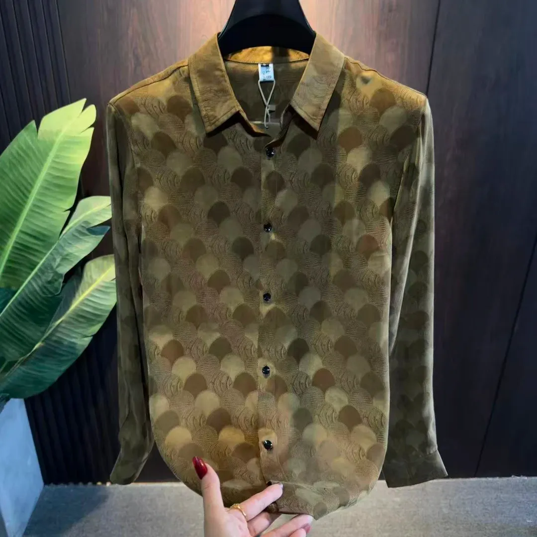Brown breathable long-sleeve shirt with ginkgo leaf jacquard pattern