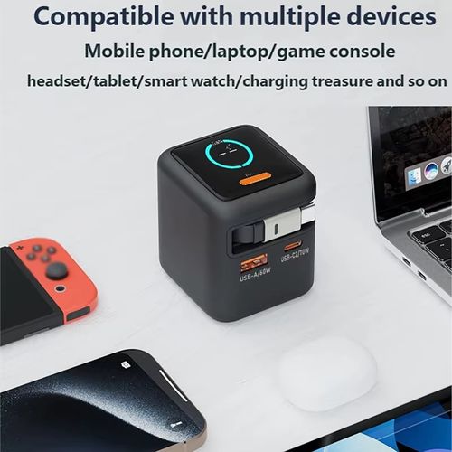 3 IN 1 GaN Charger with Retractable Cable 70W PD3.0 QC4.0 PPS 2 Type-C Travel Fast Charger