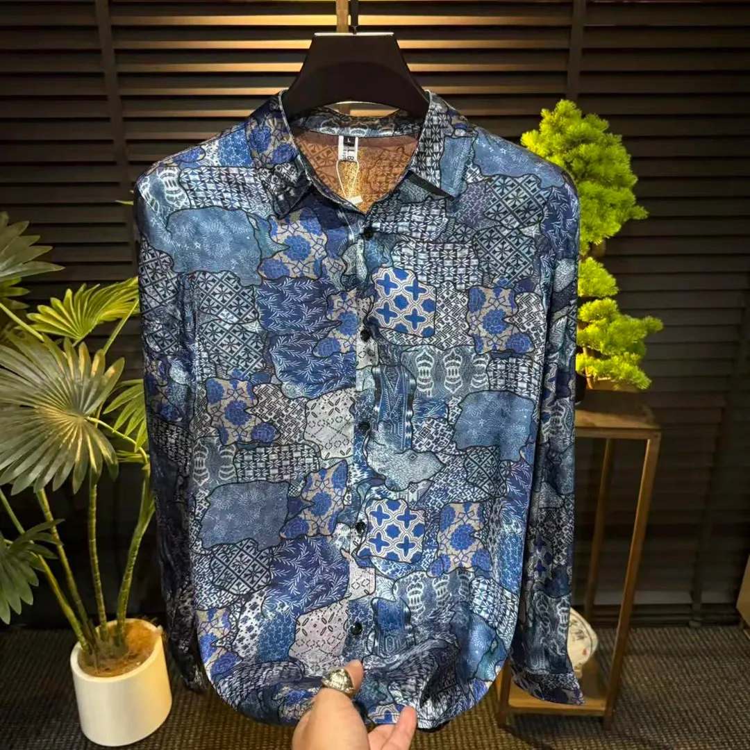 Men's Breathable Long-Sleeve Ice Silk Acetate Shirt