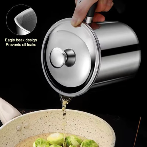 1.4L Durable Stainless Steel Oil Pot With Built-in Filter - Easy To Invert Design, Leak-proof