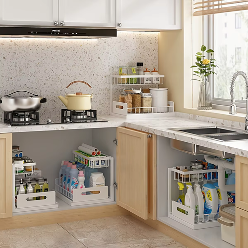 2-Tier Sliding Under Sink Organizer, Rustproof Metal Storage Rack for Kitchen & Bathroom Cabinet