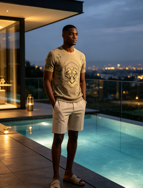 Men Golden Tiger Head Waffle Knit T-Shirt