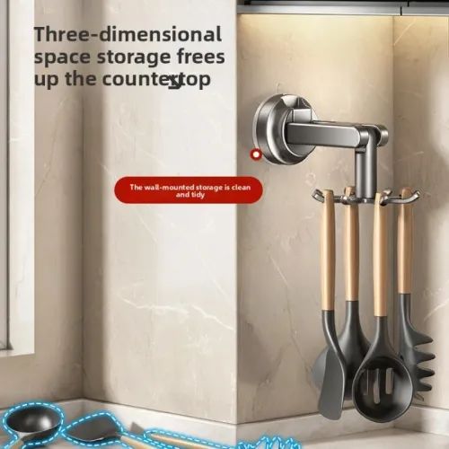 Kitchen suction cup spatula rack, no-drill required, rotatable hook, multifunctional storage rack, wall-mounted household