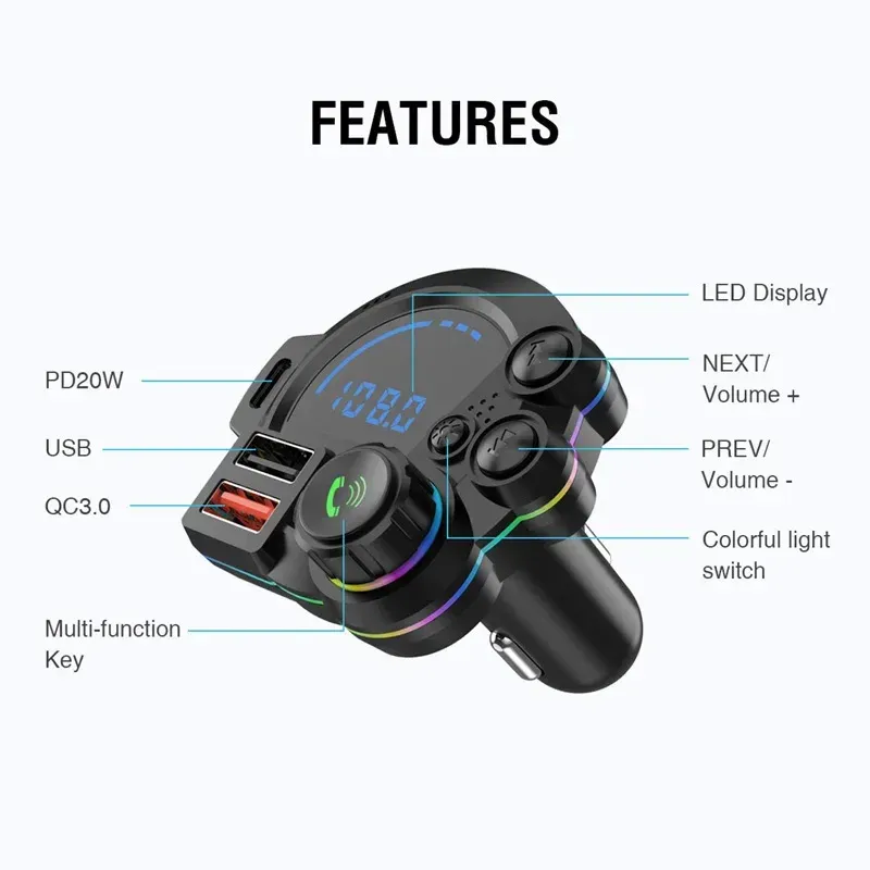 Car Charger Adapter Car Bluetooth 5.3 FM Transmitter MP3 Music Player QC3.0 & PD 20W Dual Fast Charging Wireless for Vehicle