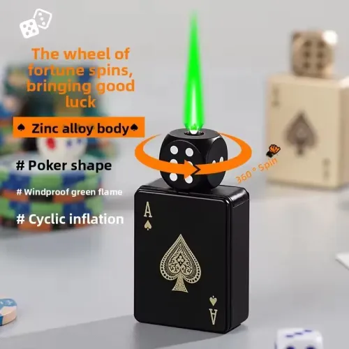 Mini Rotating Dice Lighter Windproof Green Flame Rechargeable Metal Playing Card Lighters