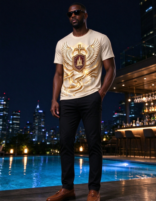 Men's White Gold Wings Cross Shield Graphic Print Short Sleeve Crew Neck T-Shirt