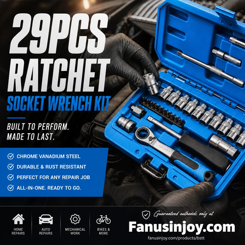 🔧🚗 29pcs Core Ratchet Socket Wrench Kit – Chrome‑vanadium steel, 11 sockets & 10 bits. Perfect for car repairs & DIY 🛠️✨