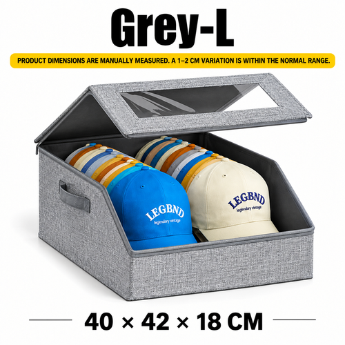 2pcs Stackable Baseball Cap Organizer Boxes-Large Capacity,Foldable Fabric Storage Boxe with Clear Lid&Metal Handles for Clothes,Hats