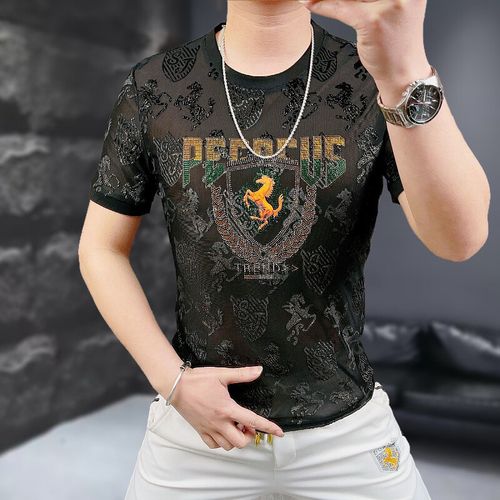 Men's Short-Sleeve Crew-Neck T-Shirt with Warhorse Motif, Iridescent Crystals, and Flocked Jacquard Detail