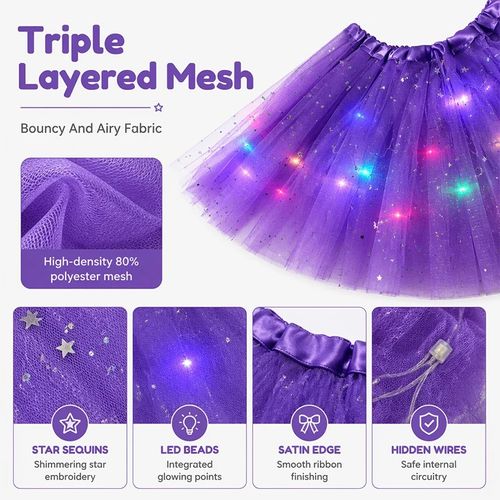 Glitter LED Sequence Tulle Skirt Star Mesh Princess Skirt for Girls and Adults (Suitable for waist circumference of 18cm–20cm)