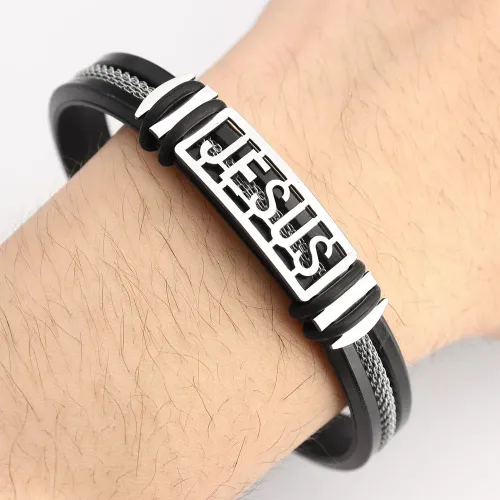 Classic Vintage High Quality Black Silicon Recessed Stainless Steel Braided Chain Bracelet Men's Bracelet Souvenir Wholesale