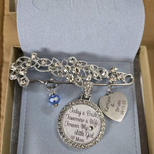 Custom Bridal Bouquet Charm with Name and Date, Today a Bride Something Blue Pin